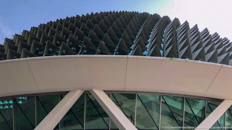 Close view of the Esplanade roof covered with triangular metal sunshades.