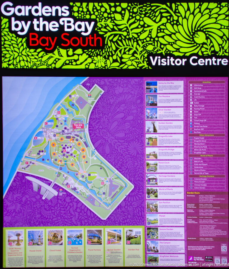 Large Bay South Visitor Centre map and attraction directory in purple and green at Gardens by the Bay.
