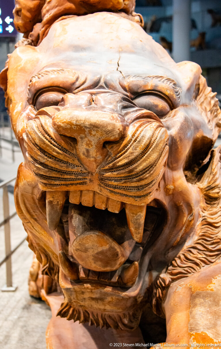 Close-up of a brown guardian-lion head with open jaws, large fangs, and carved features.