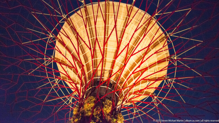 Close low-angle detail of a glowing Supertree crown with red ribs and part of its planted trunk.