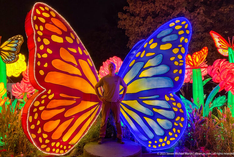 Full-length adult visitor centered between giant glowing orange-red and blue-yellow butterfly wings.