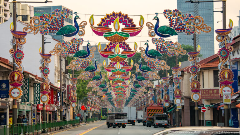 Rows of lotus-and-peacock Deepavali decorations suspended above a Little India street.
