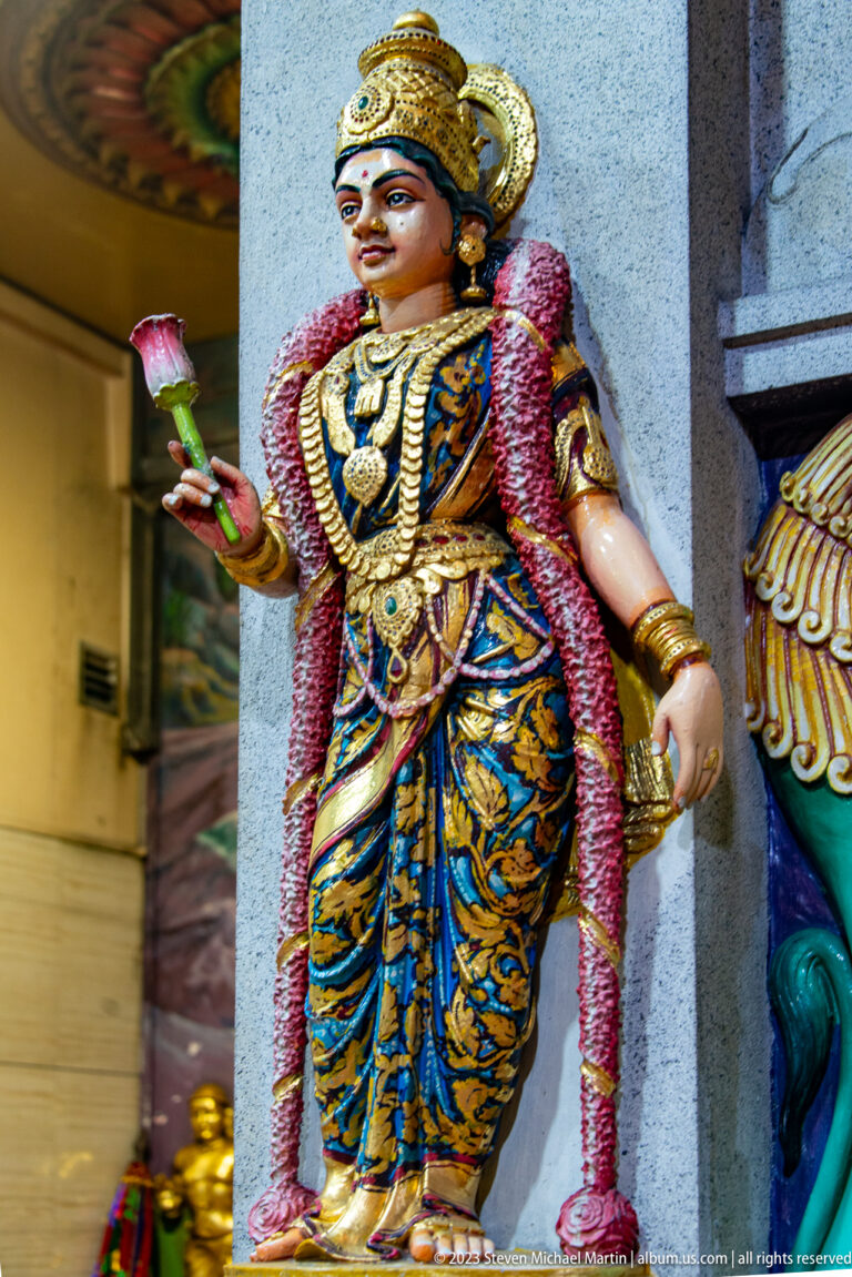 Garlanded crowned Hindu deity holding a pink lotus and wearing blue patterned clothing and gold jewelry.