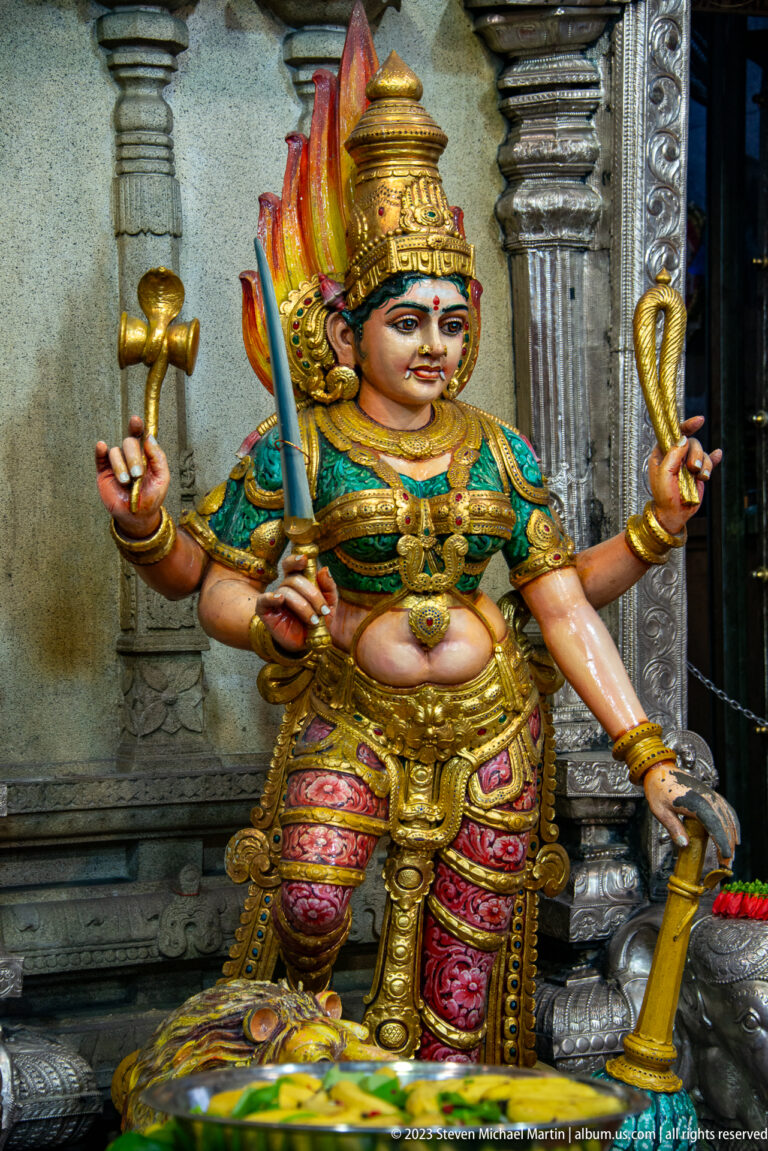 Painted multi-armed guardian deity holding a sword and other attributes in a richly ornamented temple niche.