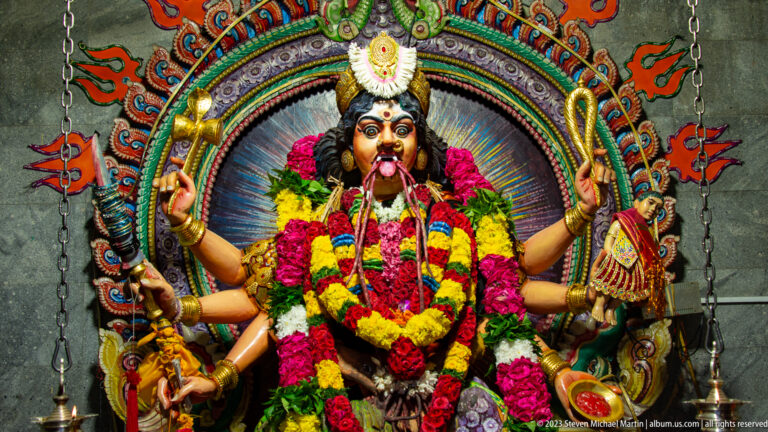 Garlanded multi-armed Kali with protruding tongue, weapons, and halo in a temple shrine.