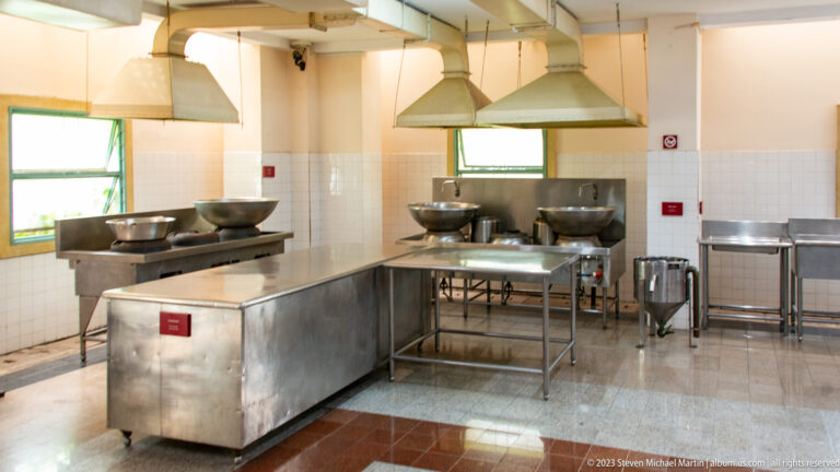 Stainless-steel palace kitchen with worktables, large cooking vessels, sinks, windows, and extraction hoods.