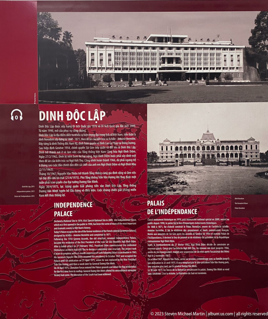 Red trilingual history panel with archival photographs of Independence Palace and the earlier Norodom Palace.