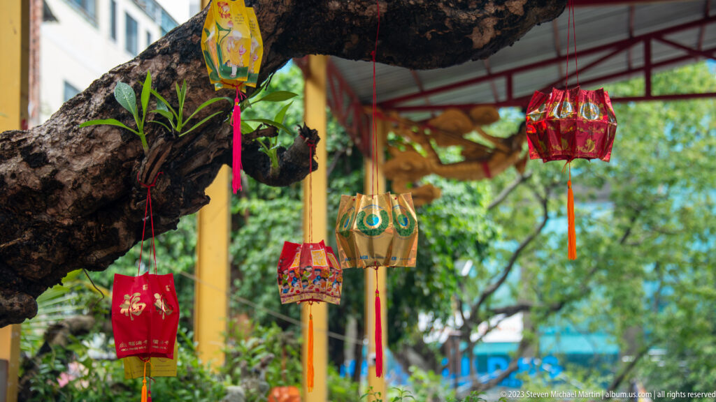 Small multicolored lanterns and red hanging ornaments suspended from a tree branch in the temple garden.