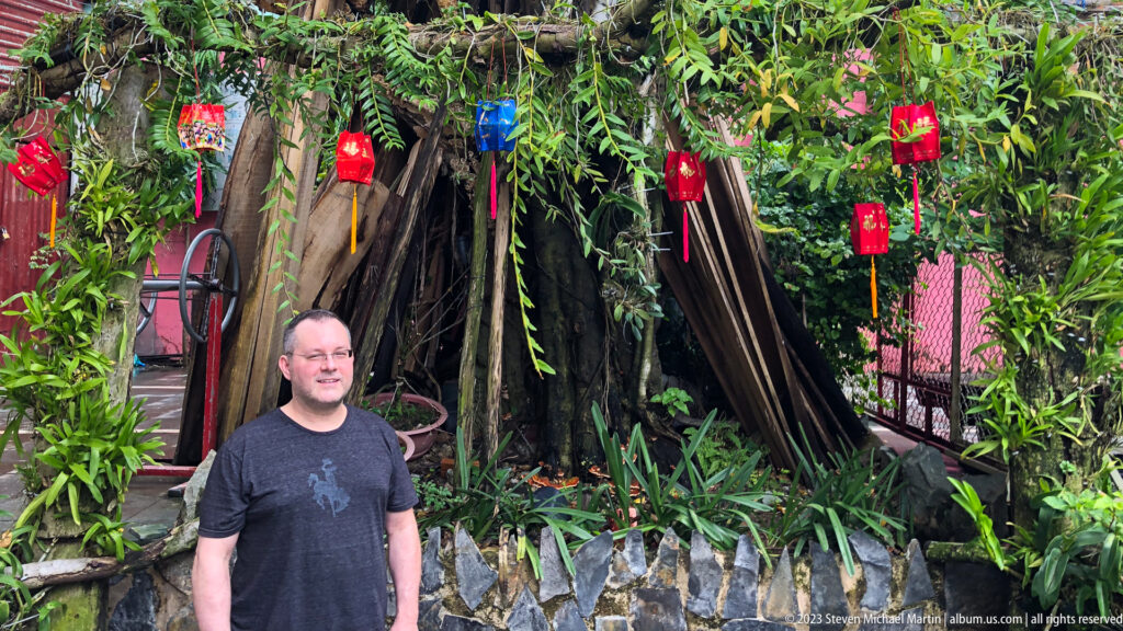 Adult visitor standing beside a large courtyard tree hung with red and blue devotional ornaments.