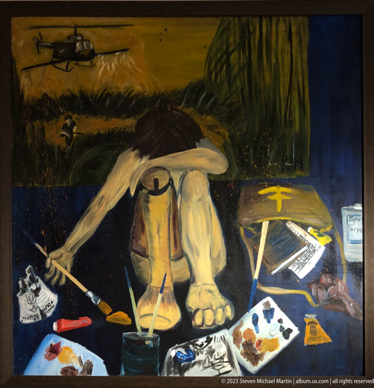 Expressionist painting of a seated child surrounded by brushes, paper, and paint containers.