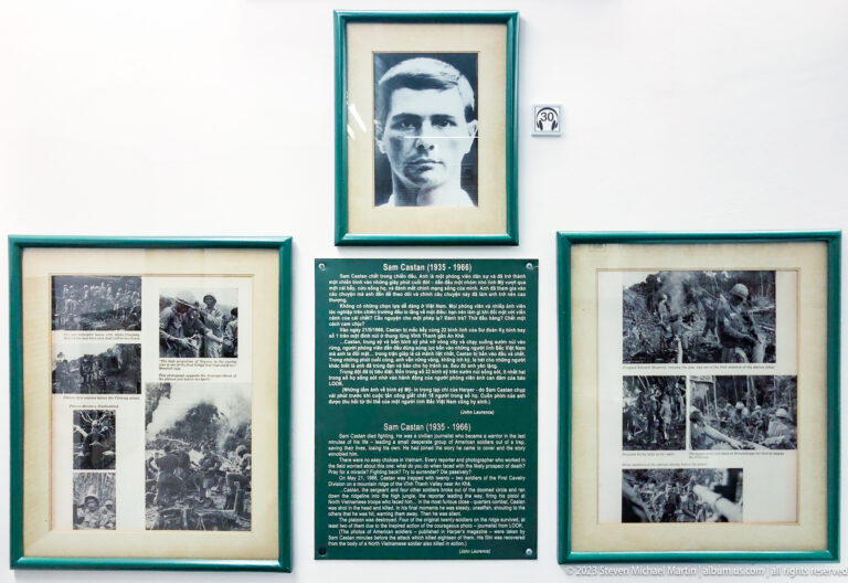 Portrait of Sam Castan above biographical text and wartime photographs.