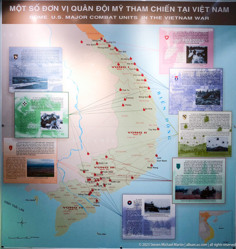 Map of Vietnam with red military-unit markers and surrounding archival documents.