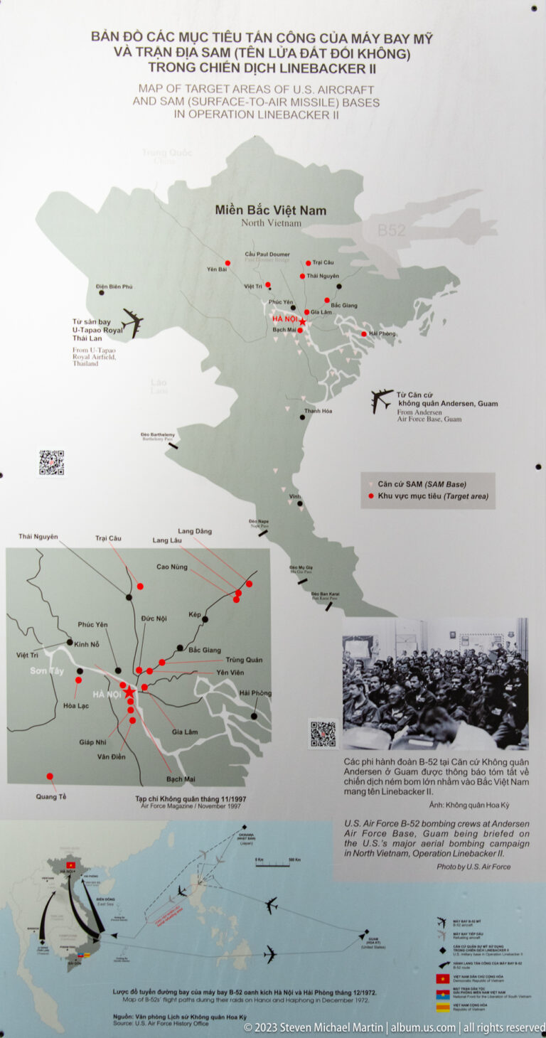 Wall map of Vietnam with red bombing-site markers, inset maps, and photographs.