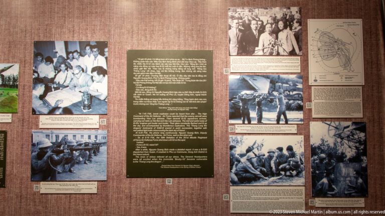 Brown archival panel with delegation photographs, a map, and bilingual text.