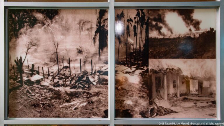 Two black-and-white photographs showing burned terrain and ruined buildings.