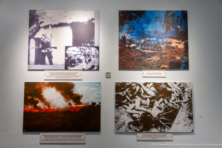 Four museum photographs showing soldiers, burning ground, and human remains.