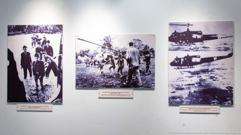 Three black-and-white wartime photographs of troops, field activity, and helicopters.