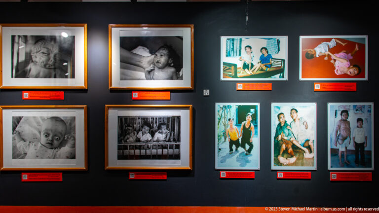 Framed portraits of children and adults with disabilities on a dark gallery wall.