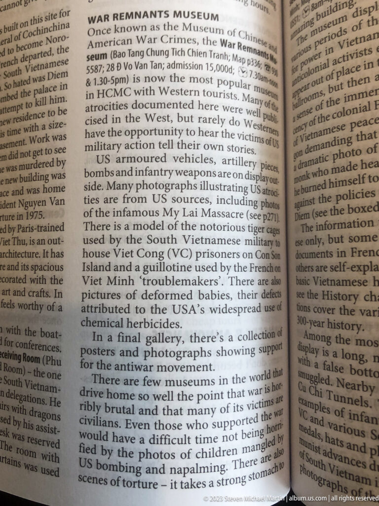 Open guidebook page with an English entry for the War Remnants Museum.