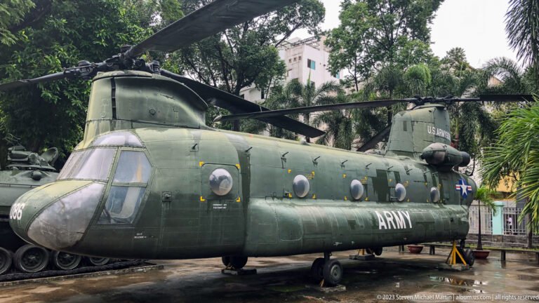Front-left view of a U.S. Army CH-47 Chinook helicopter.