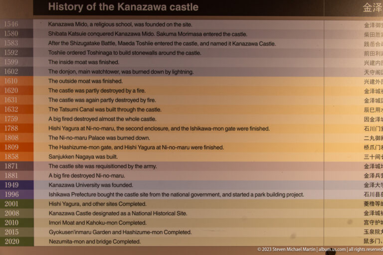 Bilingual wall timeline listing major events in Kanazawa Castle history from the 1500s to 2020.