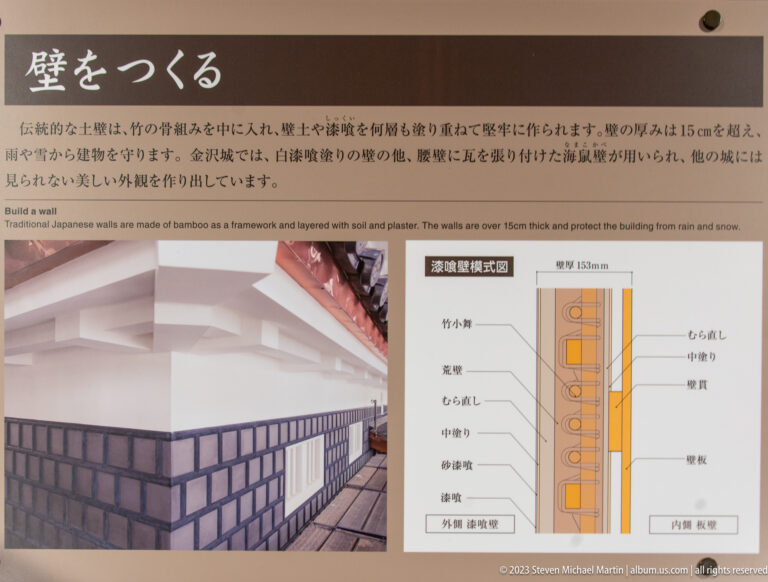 Museum panel with wall cross-section diagrams, Japanese text, and a photograph of white plaster walls over a dark base.