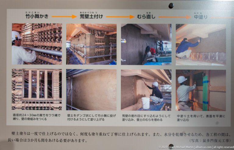 Interpretive panel showing craftspeople applying successive layers to a traditional wall from lattice base to finished plaster.