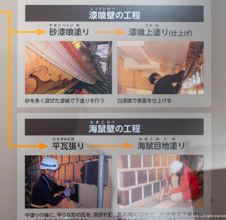 Museum panel comparing wall-finishing methods with photographs of plaster application and jointed surface work.
