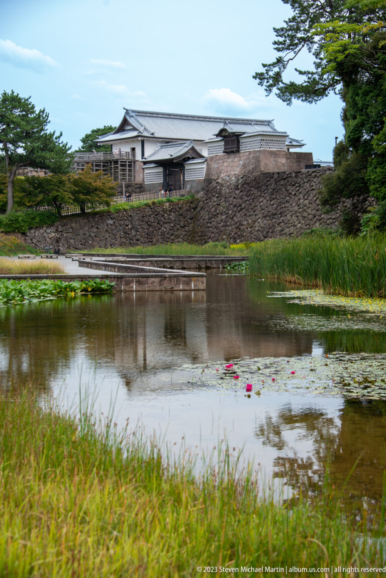 White Kanazawa Castle buildings on a stone rampart beyond a pond with reeds and water lilies.