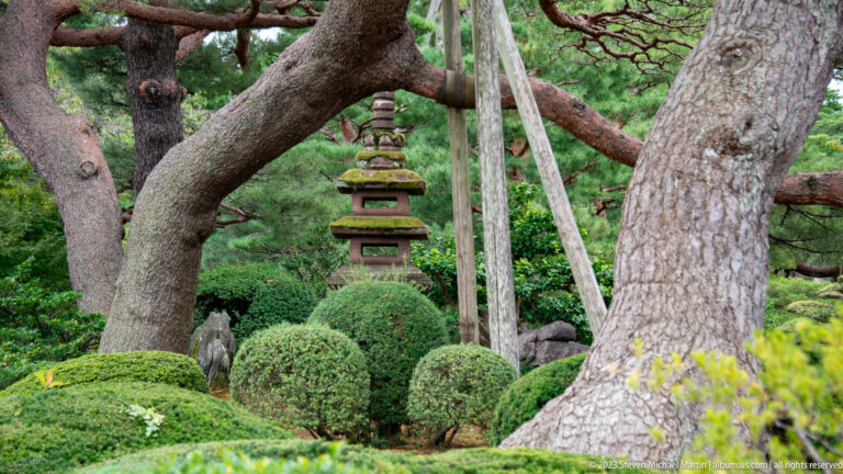 Multi-tiered stone pagoda framed by thick pine trunks, clipped shrubs, rocks, and wooden branch supports.