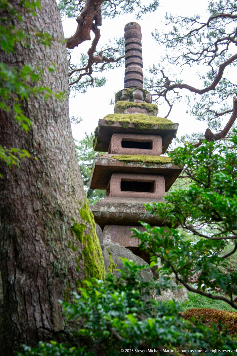 Close oblique view of a weathered multi-tiered stone pagoda rising above moss, shrubs, and pine branches.