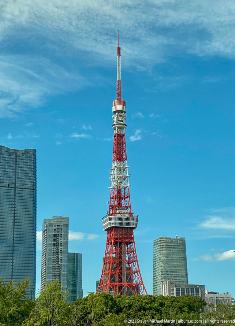 Centered daytime view of Tokyo Tower between high-rises above green trees.