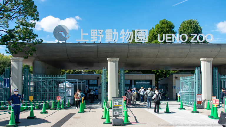 Modern Ueno Zoo gate with bilingual lettering, blue metal gates, visitors, and green cones.