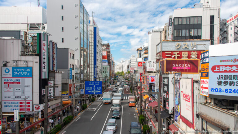 Elevated view down a busy Tokyo shopping street lined with signs near JR Okachimachi Station.