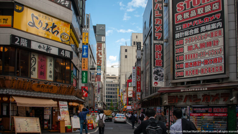 Busy Shinjuku street with restaurants, camera-store signs, pedestrians, taxis, and dense advertising.