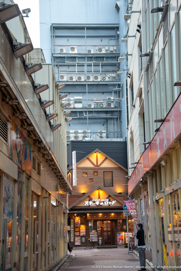 Covered shopping passage with small storefronts leading to a low gabled building beneath a modern structure.