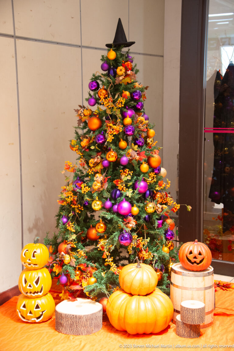 Decorated tree with pumpkins, purple ornaments, flowers, and a witch hat, surrounded by jack-o’-lantern decorations.
