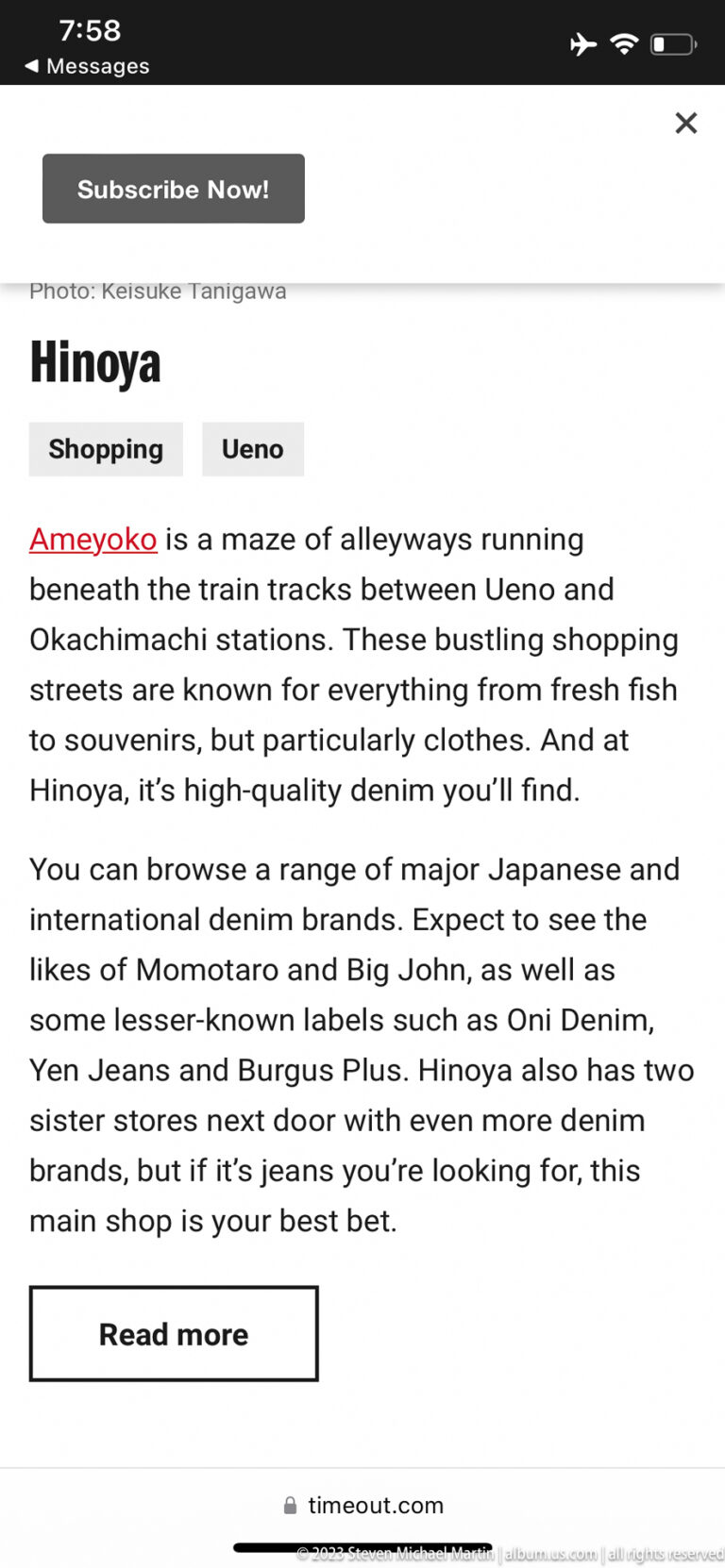 Screen showing a Time Out Ameyoko shopping article with text about Ueno market streets.