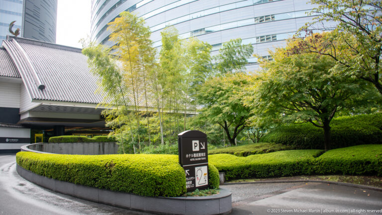 Curving hotel driveway with clipped hedges, bamboo, parking sign, and modern building behind.