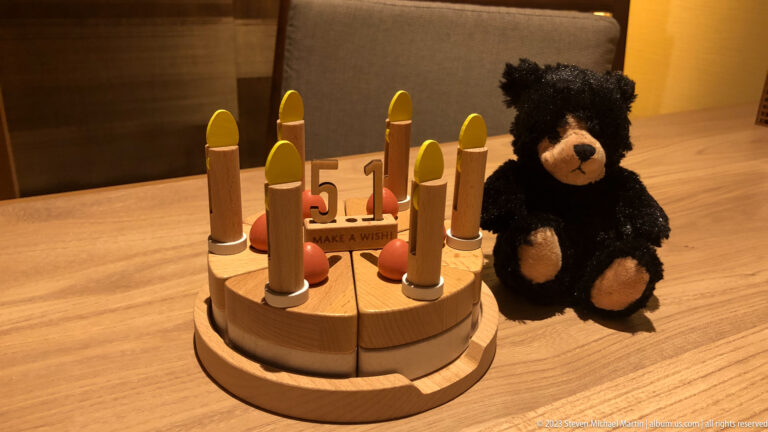 Wooden birthday-cake model with candles, numbered pieces, and a small black teddy bear.