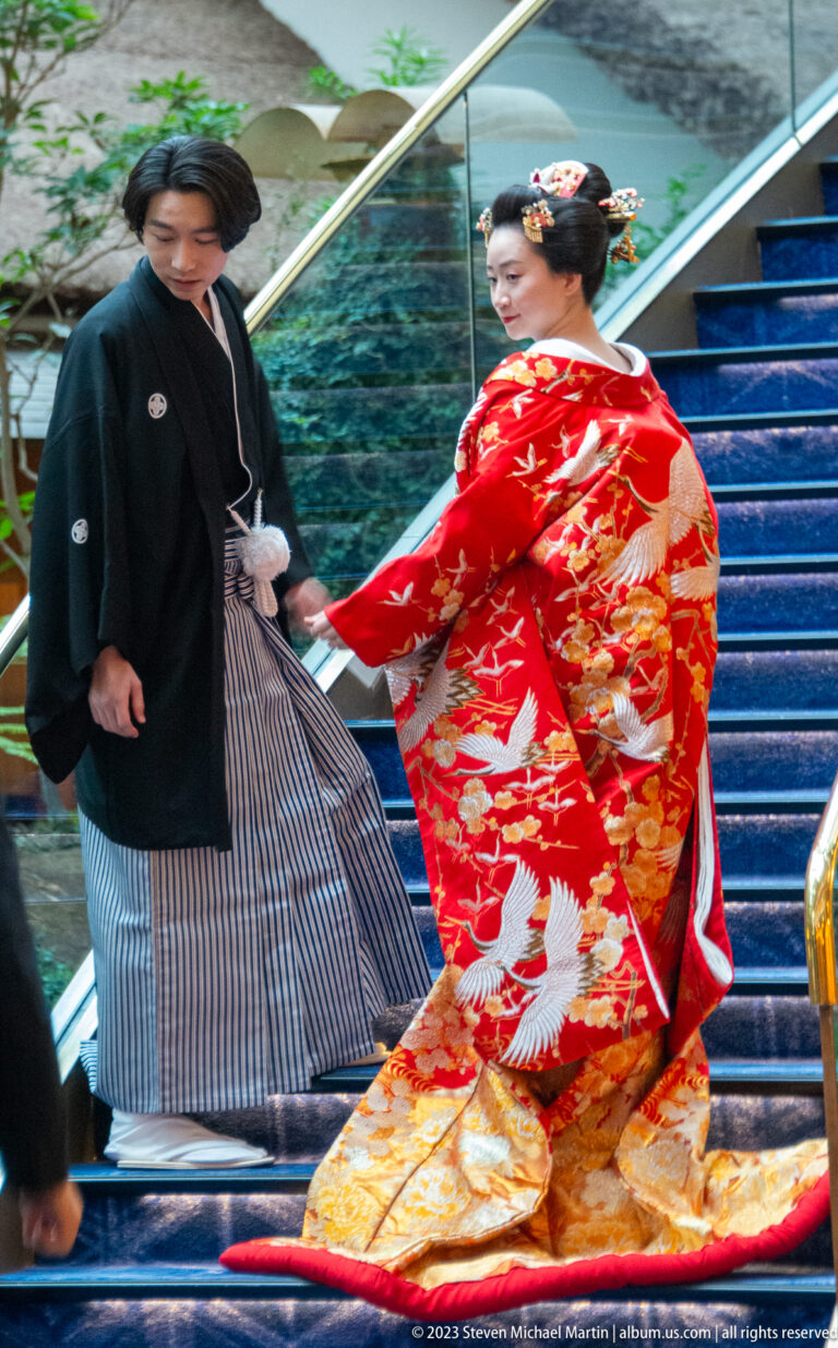 Bride in a red crane-patterned kimono and groom in formal hakama descending blue-carpeted stairs.
