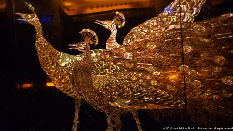 Group of gilded peacock sculptures with overlapping iridescent tails in a dark display.