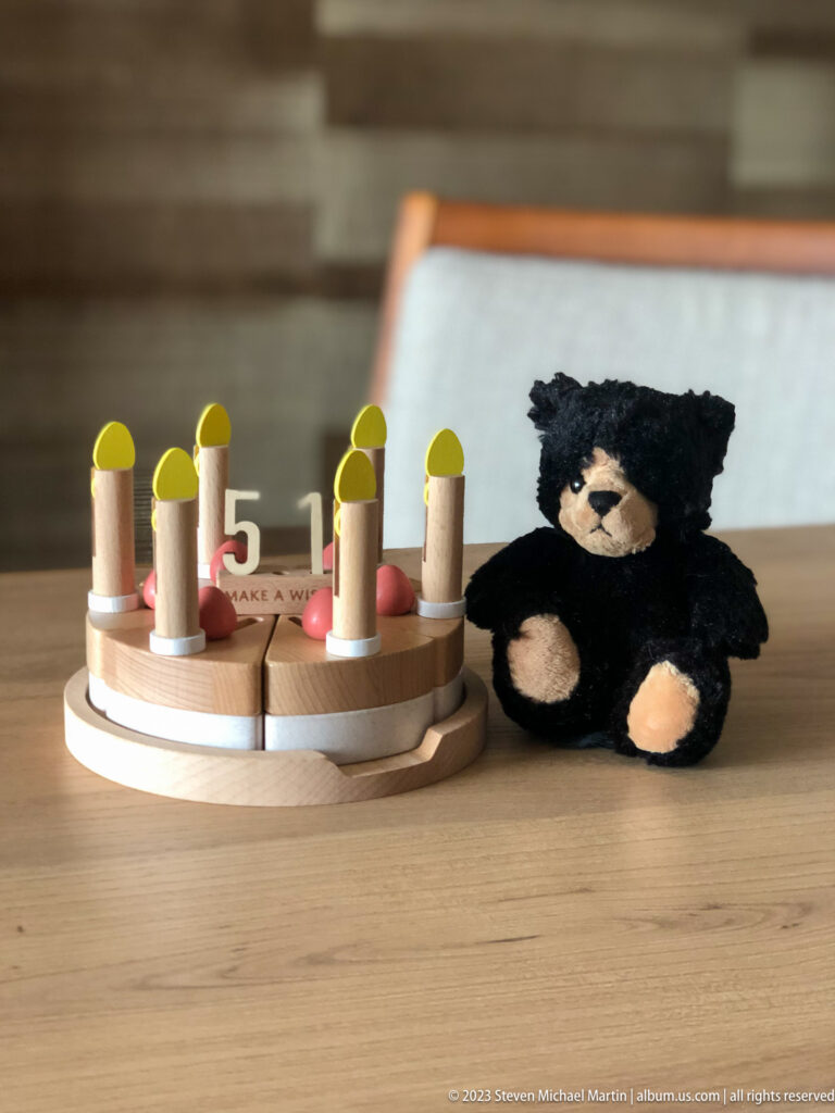 Wooden toy birthday cake marked five beside a small black teddy bear on a light wood table.