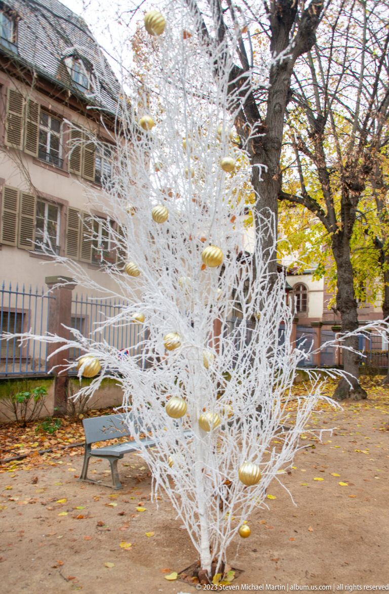 White branch-style Christmas tree with gold ornaments standing among autumn leaves in a city square.