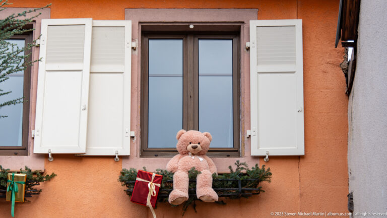 Plush teddy bear sitting on a greenery-filled window box with small gift decorations beneath a white-shuttered window.