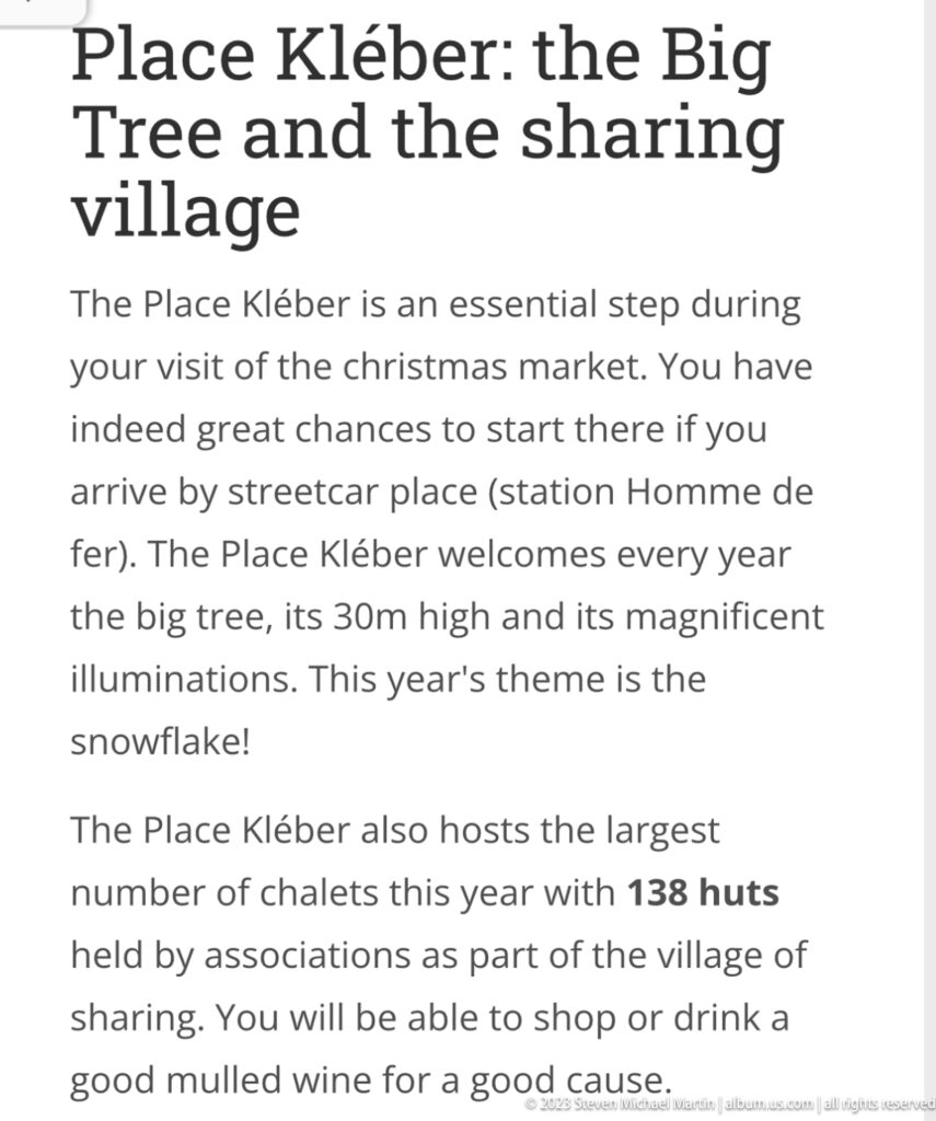 Visitor guide page about Place Kléber, its large Christmas tree, illuminations, and charitable Christmas village.