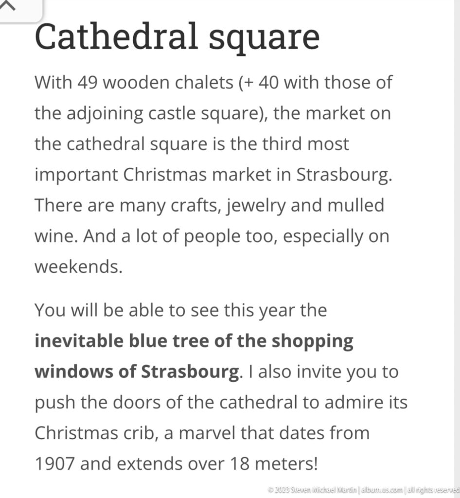 Guide page describing Christmas-market chalets and seasonal activity around Strasbourg Cathedral square.