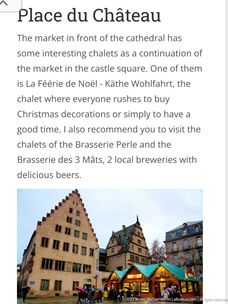 Visitor guide page for Place du Château with text and a small photograph of Christmas-market stalls.