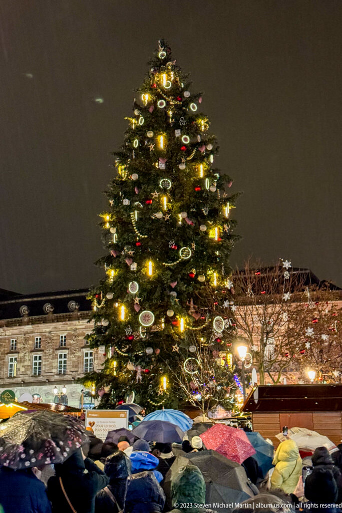 Crowd under umbrellas beneath the illuminated Place Kléber Christmas tree on a rainy night.
