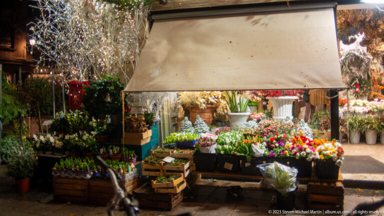 Covered flower stall filled with bouquets, potted plants, greenery, and cut flowers under warm light.